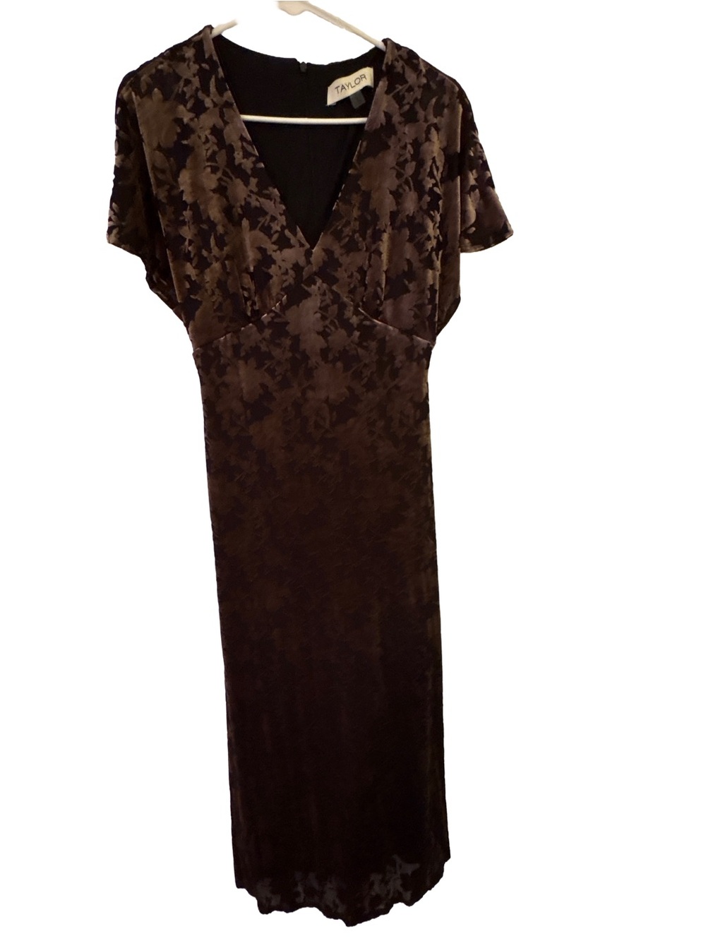 Taylor Brown Velvet Floral-Texture V-Neck Maxi Dress